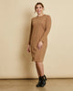 Woman wearing soft Australian Merino wool relaxed fitting long sleeve crew neck dress in camel. Designed as a relaxed fit and sitting around knee length. This style is perfect as a base to add other layers. Made in Australia at Woolerina's workrooms at Forbes in central west NSW.